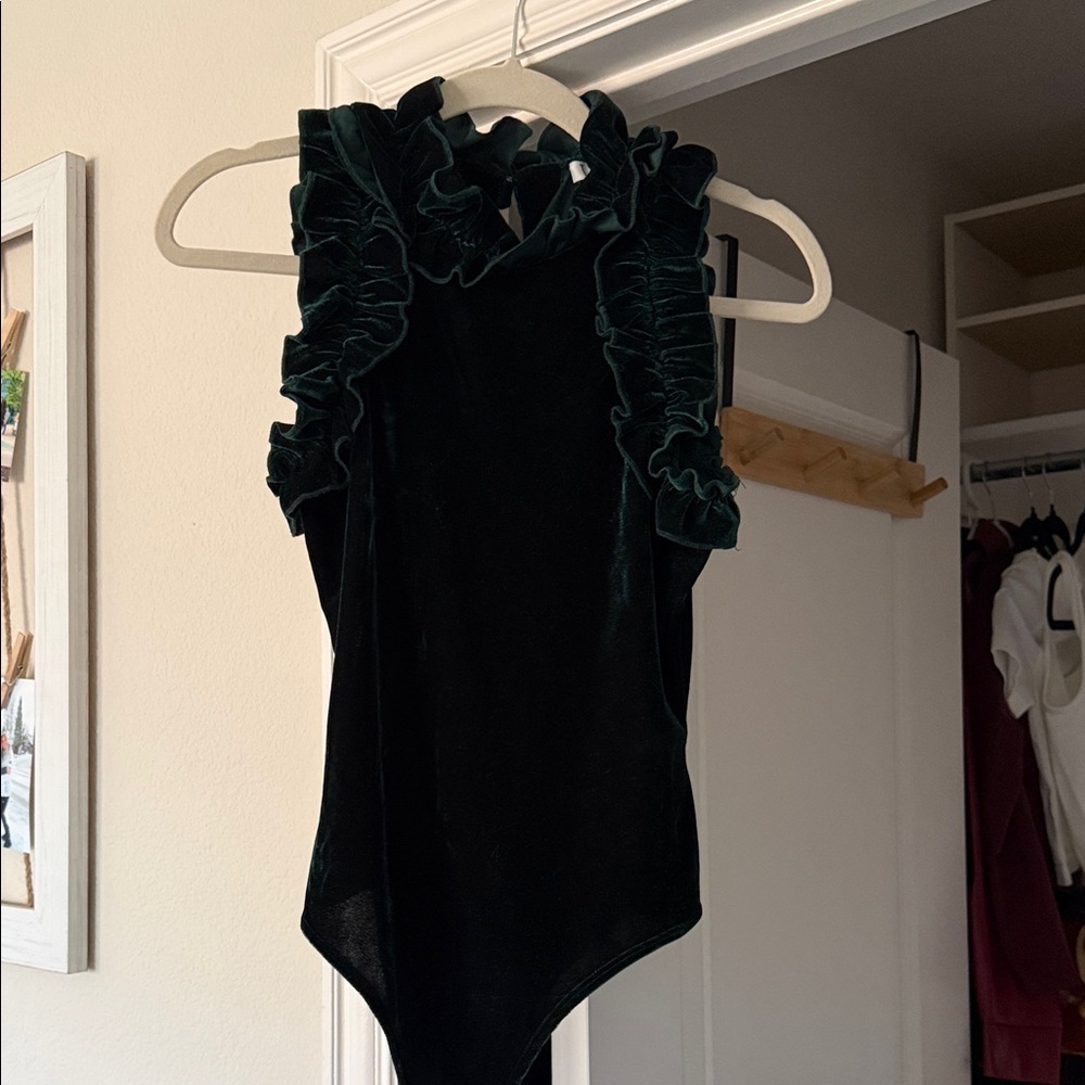 Green Ruffled Velvet Bodysuit